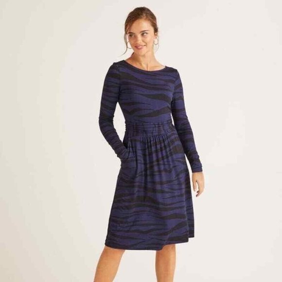 Boden Abigail Dress 6P Navy Blue Zebra Pattern Jersey Stretch Knit Long Sleeve - Picture 2 of 13